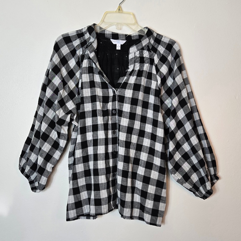 Time and Tru Womens L 12-14 Gingham Check Button Front Peasant Top‎ Black White